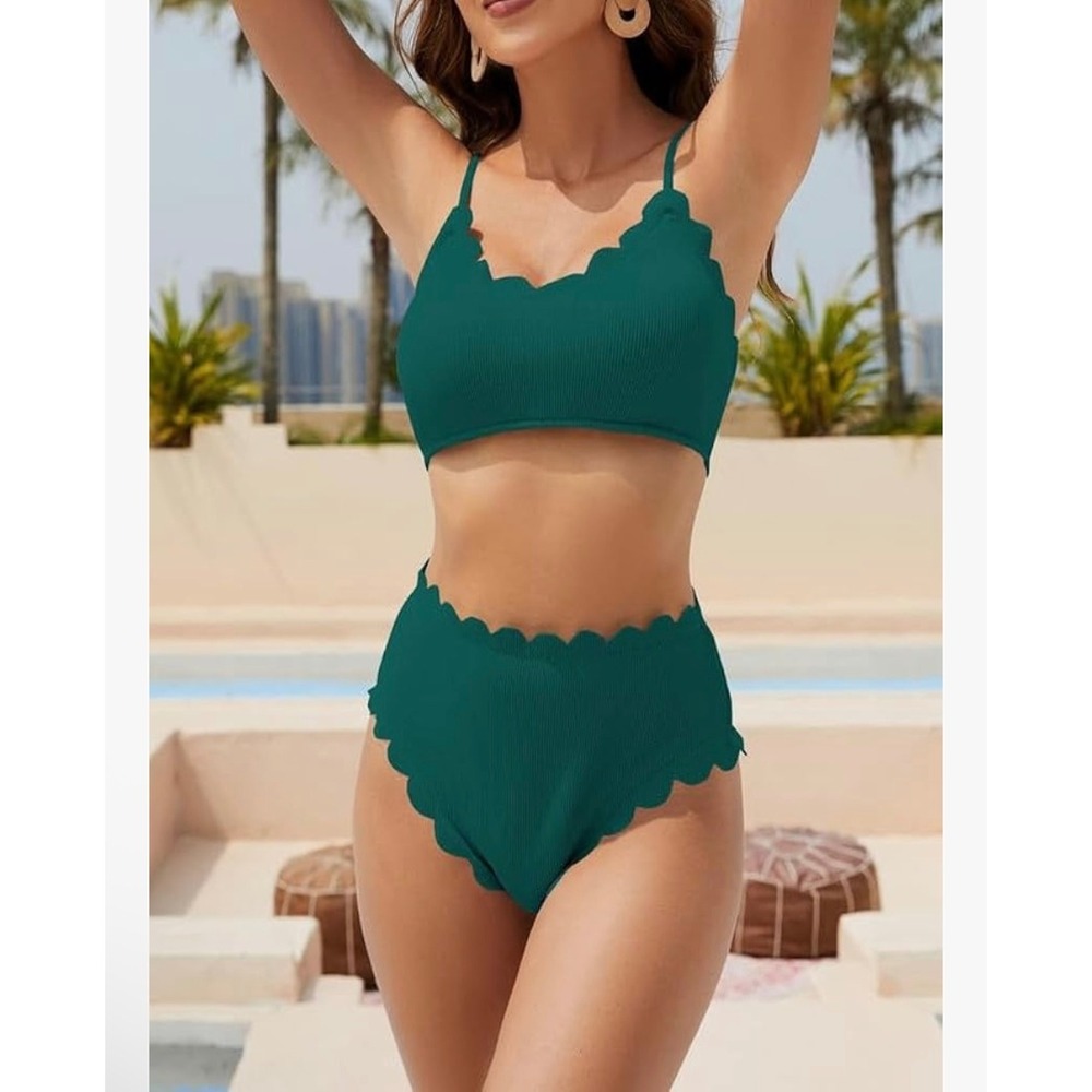 ZAFUL Scalloped High Waisted Bikini Set, Lace Up Back, Trendy Swimsuit size S